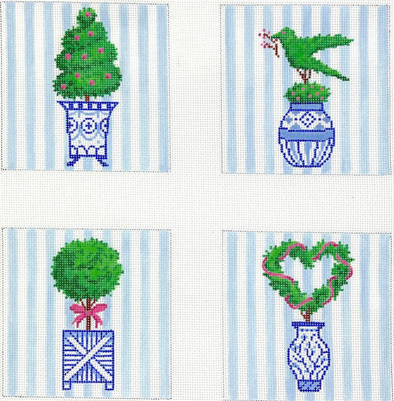 Topiaries w/ Pink Accents on Blue Stripes Coasters