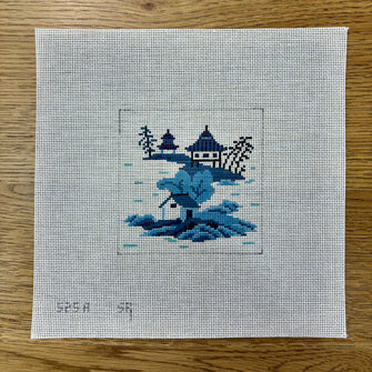 Asian Islands, 3 Houses, Blue, 4" x 4"