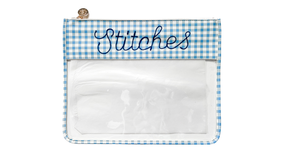 STITCHES  Clear Zip Pouch - Blue Gingham